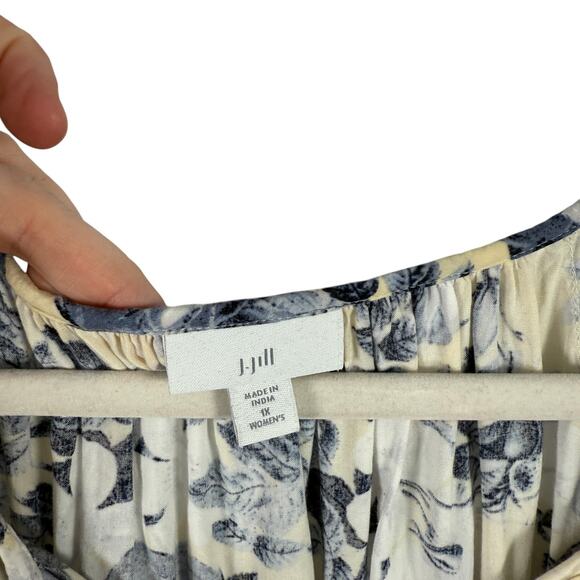 J Jill Butter Yellow Blue Floral Blouse Tassels Preppy Cottage Womens Plus 1x - Picture 3 of 7